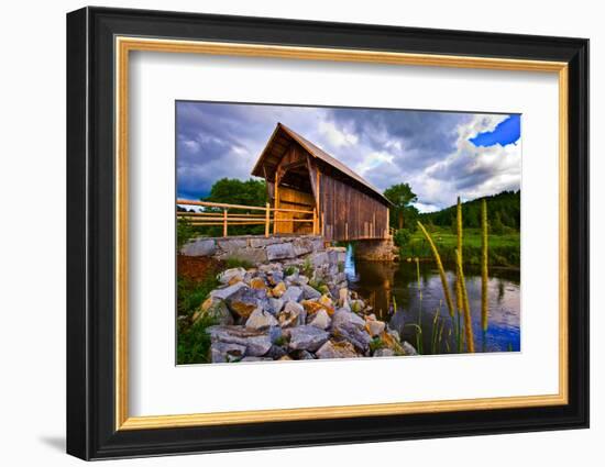 Covered bridge on river, Vermont, USA-null-Framed Photographic Print