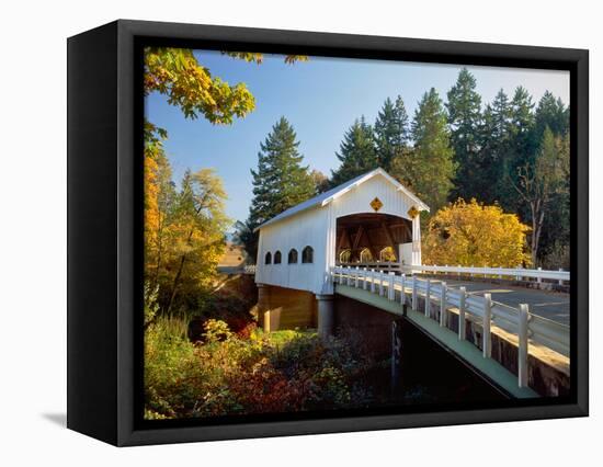 Covered bridge over a river, Rochester Covered Bridge, Calapooia River, Douglas County, Oregon, USA-null-Framed Premier Image Canvas