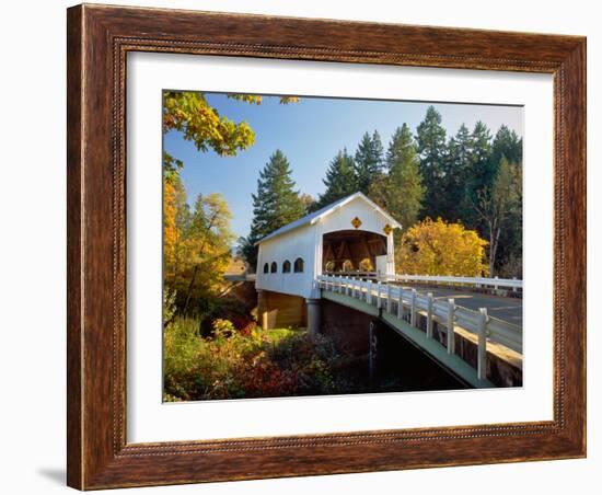 Covered bridge over a river, Rochester Covered Bridge, Calapooia River, Douglas County, Oregon, USA-null-Framed Photographic Print