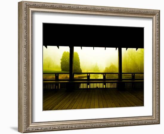 Covered Deck Looking onto Peaceful River and Fog-Jan Lakey-Framed Photographic Print