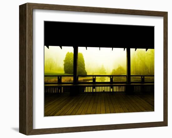 Covered Deck Looking onto Peaceful River and Fog-Jan Lakey-Framed Photographic Print