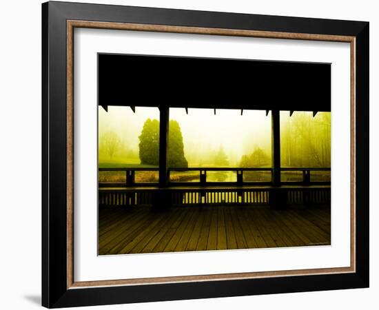 Covered Deck Looking onto Peaceful River and Fog-Jan Lakey-Framed Photographic Print