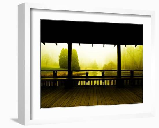 Covered Deck Looking onto Peaceful River and Fog-Jan Lakey-Framed Photographic Print