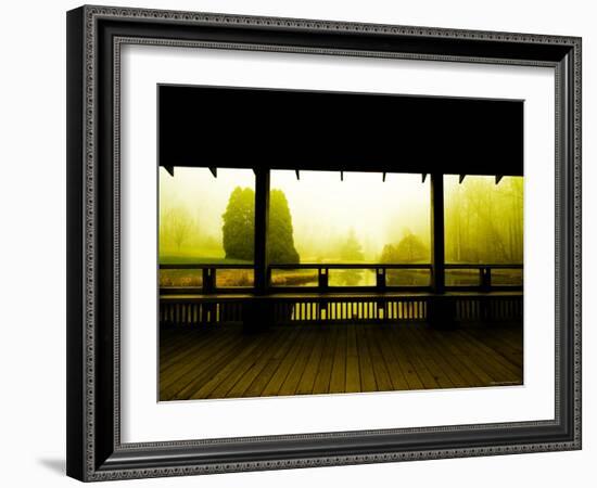 Covered Deck Looking onto Peaceful River and Fog-Jan Lakey-Framed Photographic Print