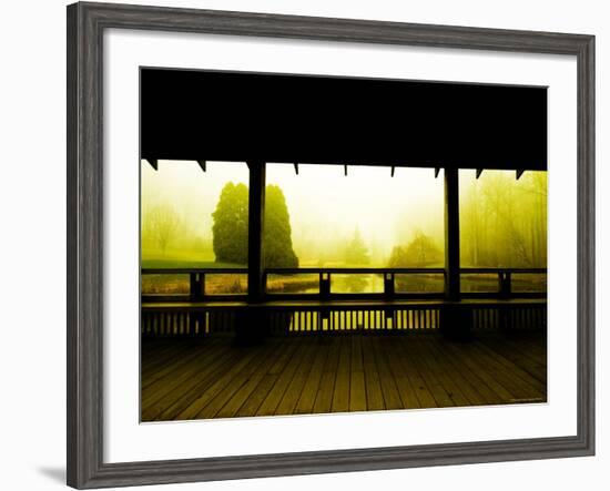 Covered Deck Looking onto Peaceful River and Fog-Jan Lakey-Framed Photographic Print