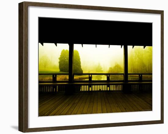 Covered Deck Looking onto Peaceful River and Fog-Jan Lakey-Framed Photographic Print