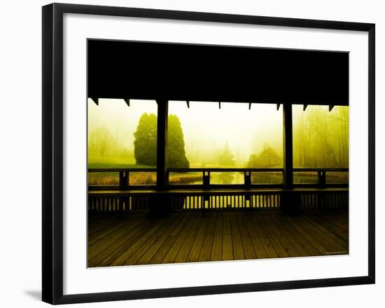 Covered Deck Looking onto Peaceful River and Fog-Jan Lakey-Framed Photographic Print