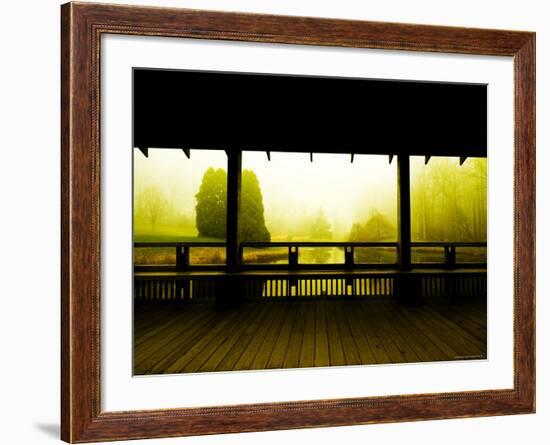 Covered Deck Looking onto Peaceful River and Fog-Jan Lakey-Framed Photographic Print