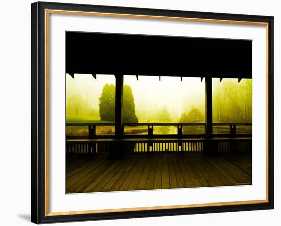 Covered Deck Looking onto Peaceful River and Fog-Jan Lakey-Framed Photographic Print