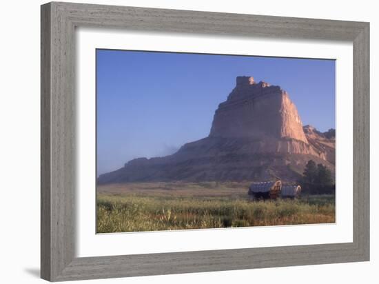 Covered Wagons on the Oregon Trail at Scotts Bluff, Nebraska, at Sunrise-null-Framed Photographic Print