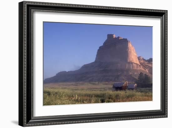 Covered Wagons on the Oregon Trail at Scotts Bluff, Nebraska, at Sunrise-null-Framed Photographic Print