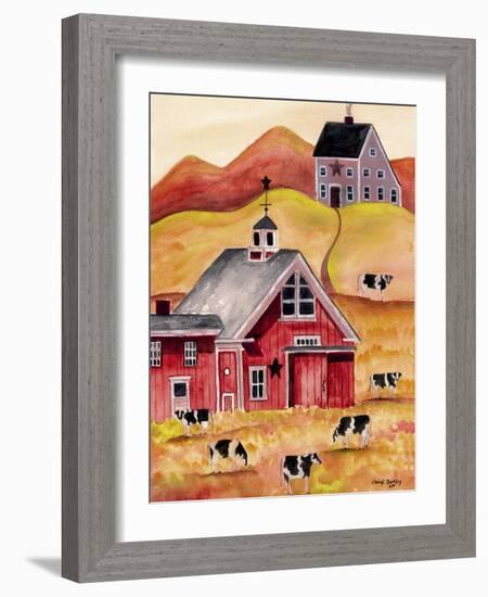 Cow Folk Art Barn-Cheryl Bartley-Framed Giclee Print