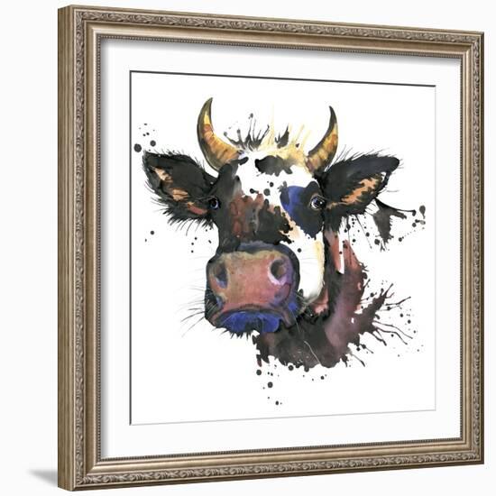 Cow Watercolor Graphics. Cow Animal Illustration with Splash Watercolor Textured Background. Unusua-Faenkova Elena-Framed Premium Giclee Print