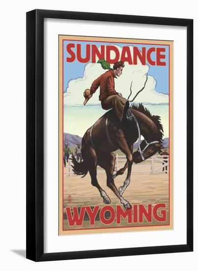 Cowboy and Bronco Scene - Sundance, Wyoming-Lantern Press-Framed Art Print