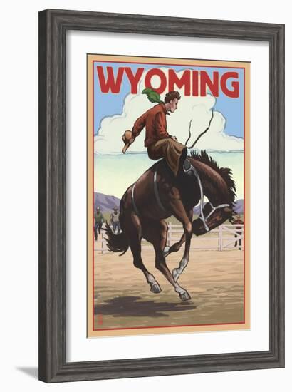 Cowboy and Bronco Scene - Wyoming-Lantern Press-Framed Art Print