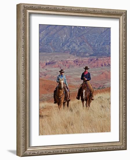 Cowboy and Cowgirl Riding Through Scenic Hills of the Big Horn Mountains, Shell, Wyoming, USA-Joe Restuccia III-Framed Photographic Print