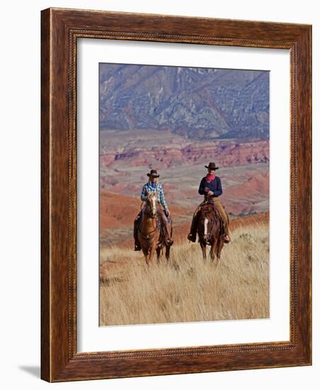 Cowboy and Cowgirl Riding Through Scenic Hills of the Big Horn Mountains, Shell, Wyoming, USA-Joe Restuccia III-Framed Photographic Print