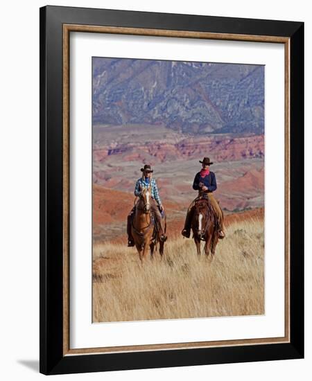 Cowboy and Cowgirl Riding Through Scenic Hills of the Big Horn Mountains, Shell, Wyoming, USA-Joe Restuccia III-Framed Photographic Print