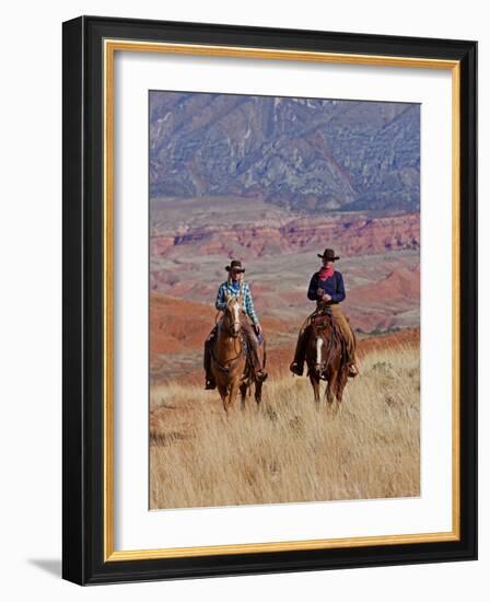 Cowboy and Cowgirl Riding Through Scenic Hills of the Big Horn Mountains, Shell, Wyoming, USA-Joe Restuccia III-Framed Photographic Print