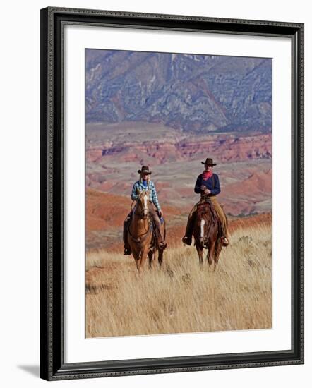 Cowboy and Cowgirl Riding Through Scenic Hills of the Big Horn Mountains, Shell, Wyoming, USA-Joe Restuccia III-Framed Photographic Print