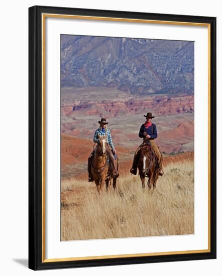 Cowboy and Cowgirl Riding Through Scenic Hills of the Big Horn Mountains, Shell, Wyoming, USA-Joe Restuccia III-Framed Photographic Print