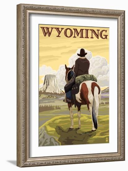 Cowboy and Devil's Tower - Wyoming-Lantern Press-Framed Art Print