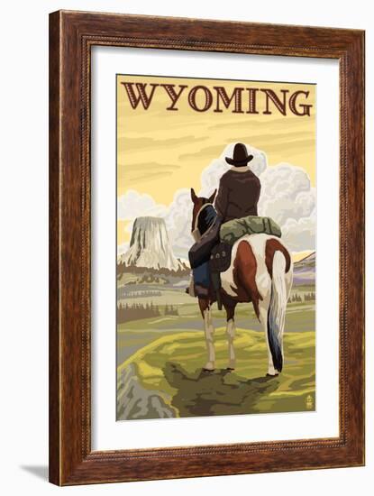 Cowboy and Devil's Tower - Wyoming-Lantern Press-Framed Art Print