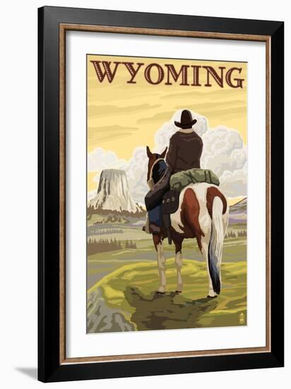 Cowboy and Devil's Tower - Wyoming-Lantern Press-Framed Art Print