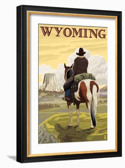 Cowboy and Devil's Tower - Wyoming-Lantern Press-Framed Art Print