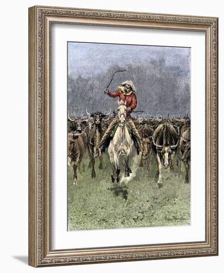 Cowboy and His Horse Caught in a Cattle Stampede, c.1800-null-Framed Giclee Print