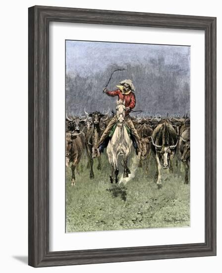 Cowboy and His Horse Caught in a Cattle Stampede, c.1800-null-Framed Giclee Print