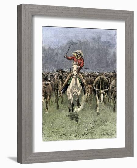 Cowboy and His Horse Caught in a Cattle Stampede, c.1800-null-Framed Giclee Print