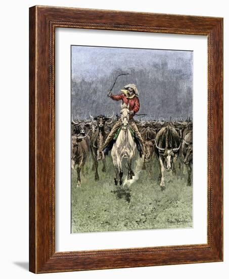 Cowboy and His Horse Caught in a Cattle Stampede, c.1800-null-Framed Giclee Print