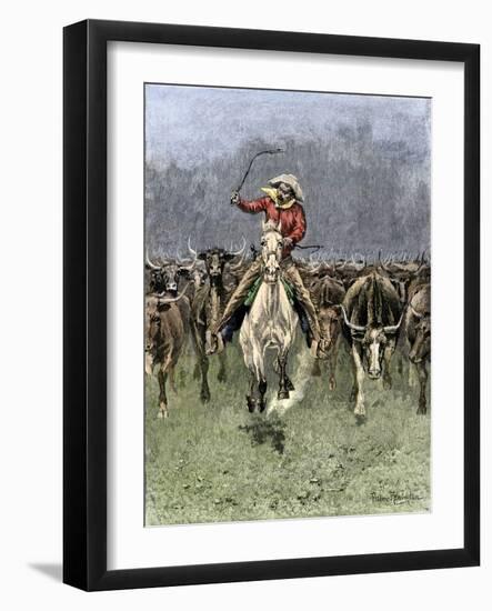 Cowboy and His Horse Caught in a Cattle Stampede, c.1800-null-Framed Giclee Print