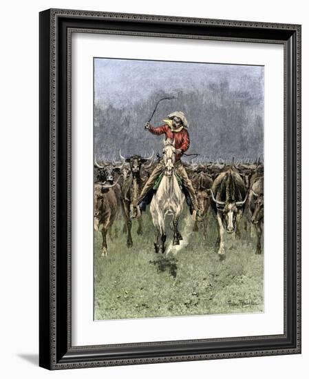 Cowboy and His Horse Caught in a Cattle Stampede, c.1800-null-Framed Giclee Print