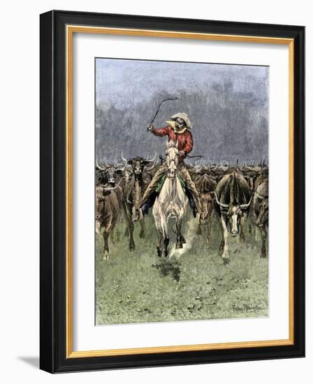 Cowboy and His Horse Caught in a Cattle Stampede, c.1800-null-Framed Giclee Print