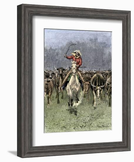 Cowboy and His Horse Caught in a Cattle Stampede, c.1800-null-Framed Giclee Print