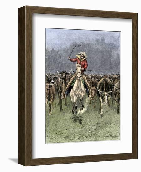 Cowboy and His Horse Caught in a Cattle Stampede, c.1800-null-Framed Giclee Print