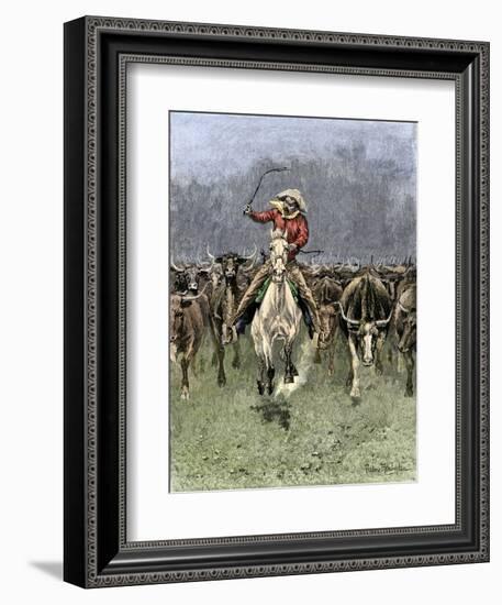 Cowboy and His Horse Caught in a Cattle Stampede, c.1800-null-Framed Giclee Print