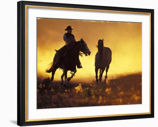 Cowboy and Horse at Sunset, Ponderosa Ranch, Seneca, Oregon, USA-Darrell Gulin-Framed Photographic Print
