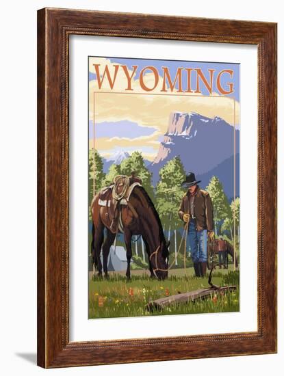 Cowboy and Horse in Spring - Wyoming-Lantern Press-Framed Art Print