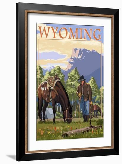 Cowboy and Horse in Spring - Wyoming-Lantern Press-Framed Art Print