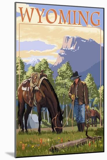 Cowboy and Horse in Spring - Wyoming-Lantern Press-Mounted Art Print