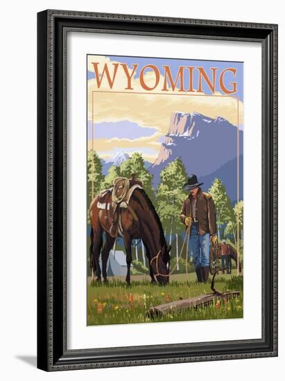 Cowboy and Horse in Spring - Wyoming-Lantern Press-Framed Art Print