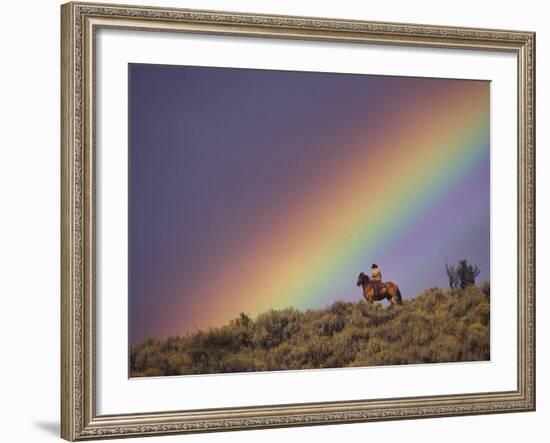 Cowboy and Rainbow, Ponderosa Ranch, Seneca, Oregon, USA-Darrell Gulin-Framed Photographic Print