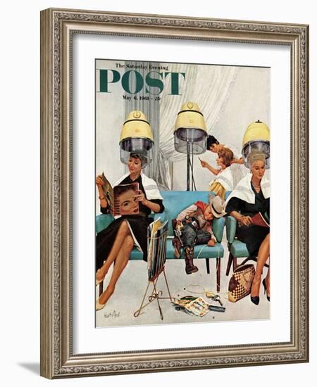 "Cowboy Asleep in Beauty Salon," Saturday Evening Post Cover, May 6, 1961-Kurt Ard-Framed Giclee Print