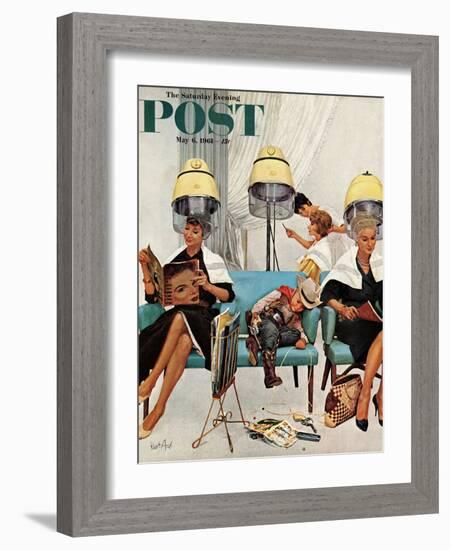 "Cowboy Asleep in Beauty Salon," Saturday Evening Post Cover, May 6, 1961-Kurt Ard-Framed Giclee Print