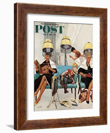 "Cowboy Asleep in Beauty Salon," Saturday Evening Post Cover, May 6, 1961-Kurt Ard-Framed Giclee Print