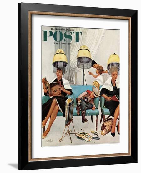 "Cowboy Asleep in Beauty Salon," Saturday Evening Post Cover, May 6, 1961-Kurt Ard-Framed Giclee Print