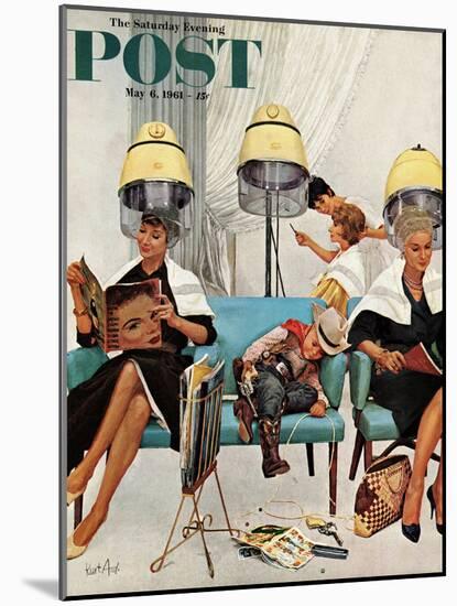 "Cowboy Asleep in Beauty Salon," Saturday Evening Post Cover, May 6, 1961-Kurt Ard-Mounted Giclee Print